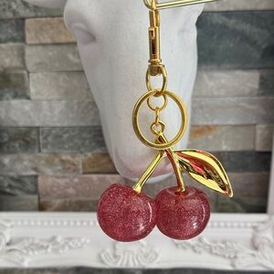 Gold and Pink Cherry Sparkle Bag Charm NEW